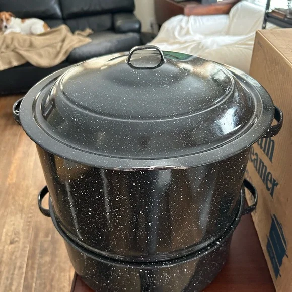 Vintage Graniteware three-piece porcelain on steel clam steamer holds 19 quarts - Picture 6 of 8